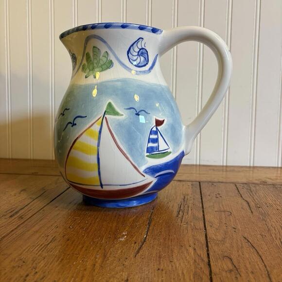 Katherine‎ Michaels Summer Sailboat Water Ocean Sailing Nautical Pitcher READ - Picture 1 of 13